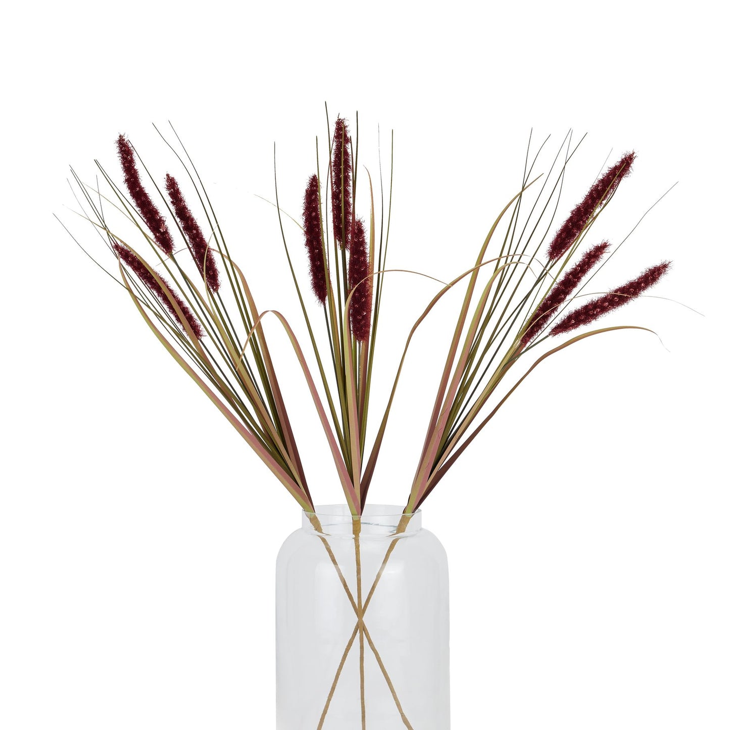 Rich ruby-colored artificial grass stems in a clear vase, showcasing a luxurious, textured appearance for elegant decor.