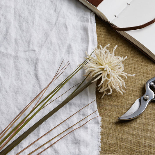Cream Aster Spider Chrysanthemum stem with intricate layered petals, nestled among green leaves, set against textured fabrics.