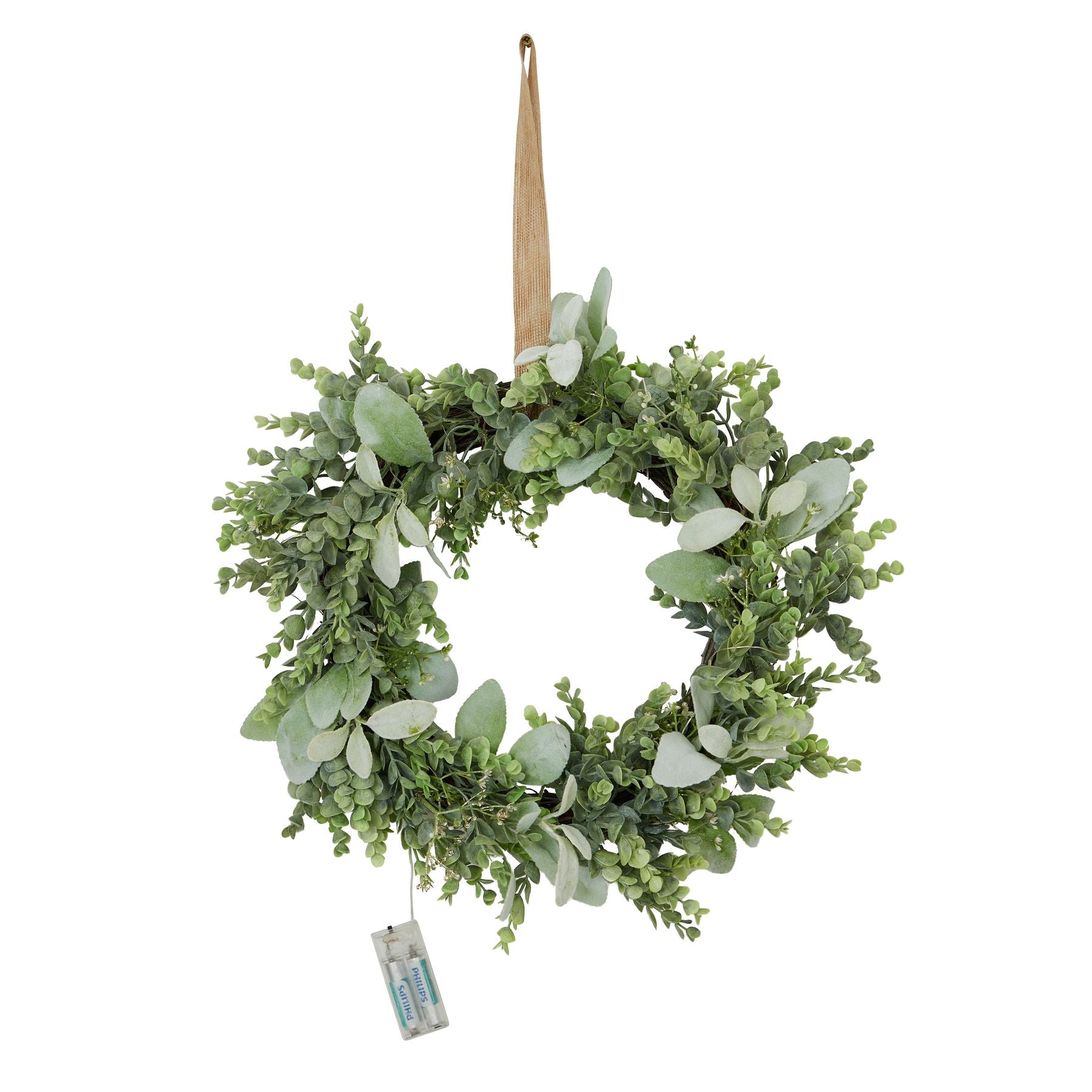 LED Winter Wreath With Eucalyptus And Lambs Ear - Festive Flowers & Foliage from the Quanta Home collection.