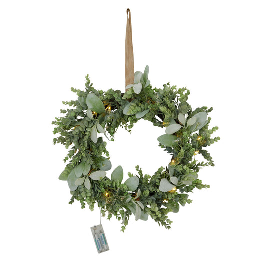 LED Winter Wreath With Eucalyptus And Lambs Ear - Festive Flowers & Foliage from the Quanta Home collection.