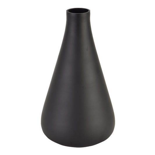 Sleek black tapered glass vase with a matte finish, featuring a slim neck for a modern, elegant display. Ideal for minimal arrangements.