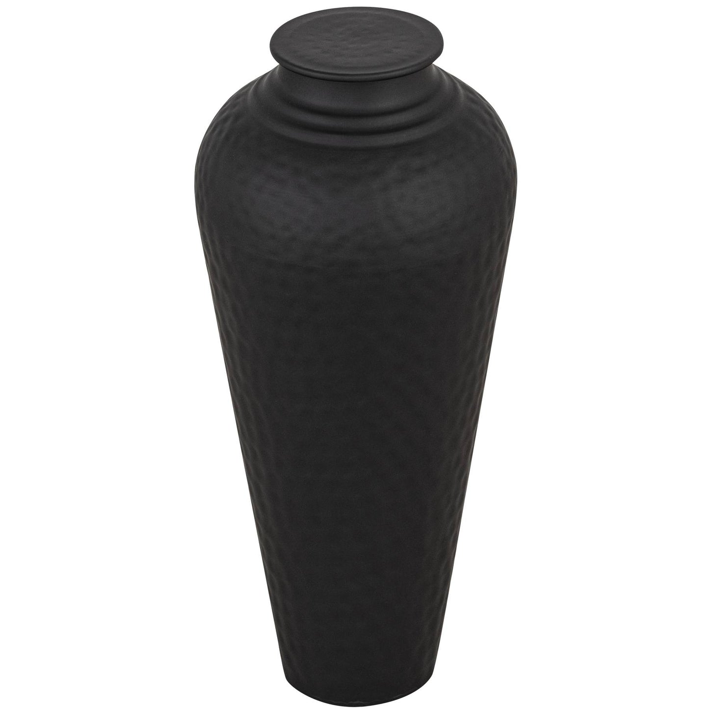 Matt black vase with a distinctive hammered texture and removable lid, ideal for modern and classic decor.