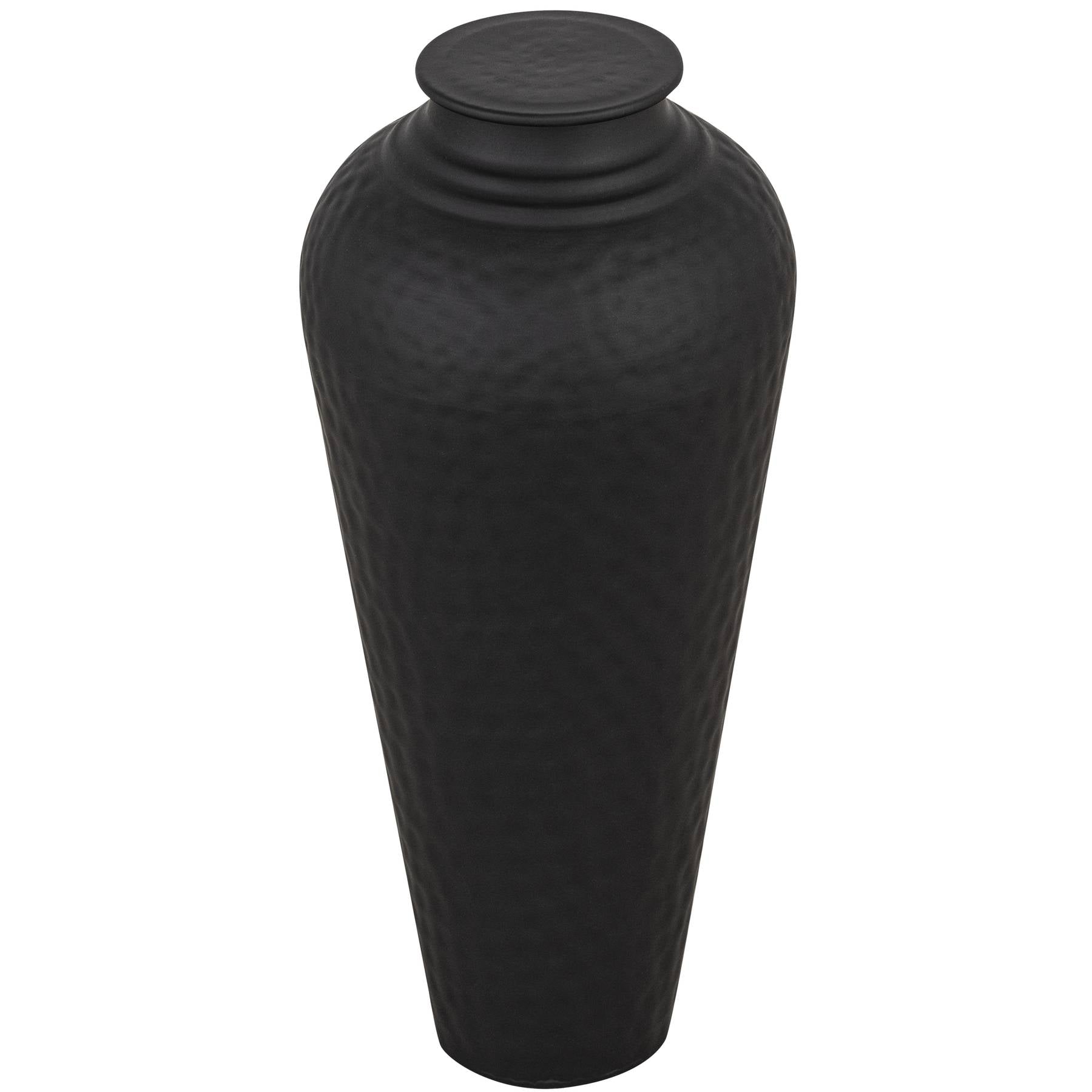Matt black vase with a distinctive hammered texture and removable lid, ideal for modern and classic decor.