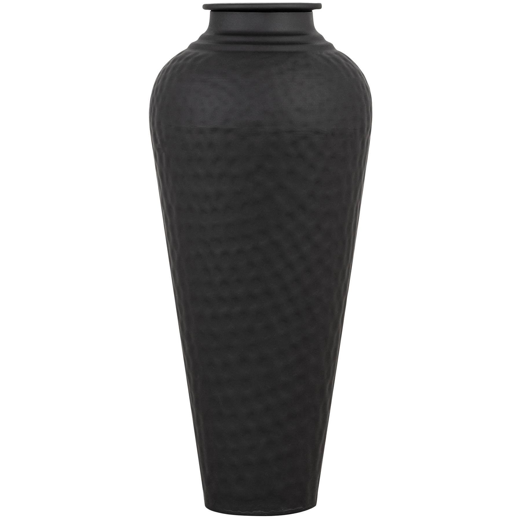 Matt black hammered vase with a removable lid, featuring a textured surface that creates light and shadow effects. Ideal for decor.