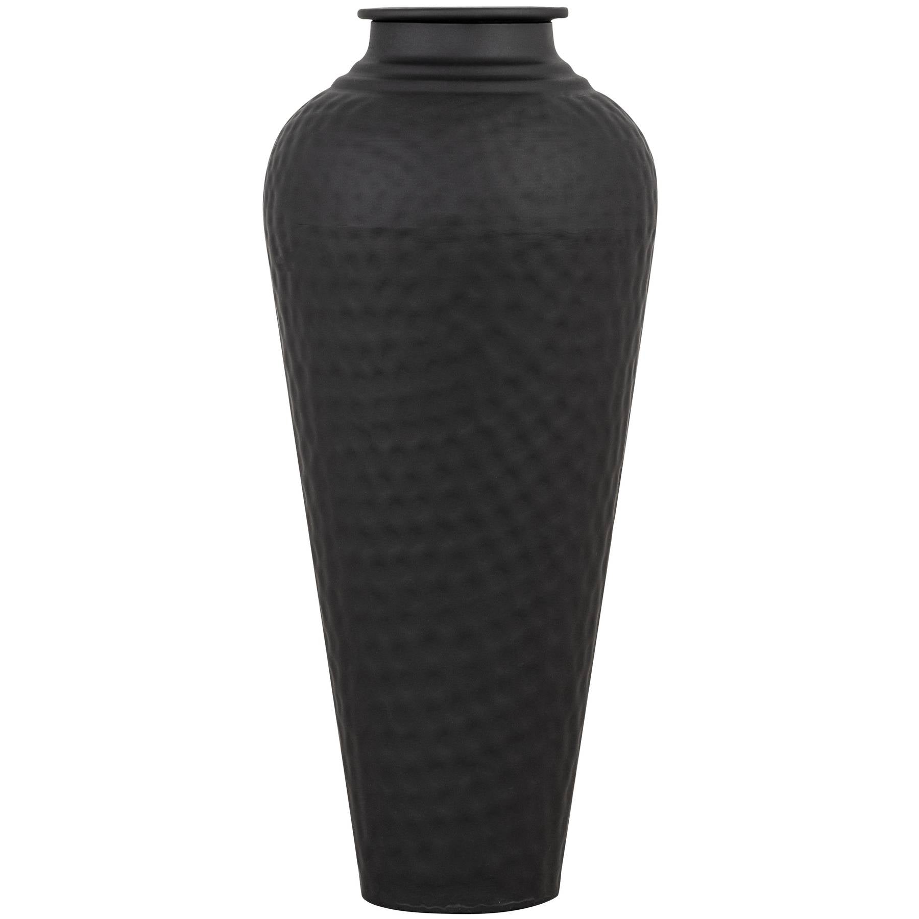 Sleek matte black vase with a hammered texture and removable lid, perfect for elevating decor in modern or classic settings.