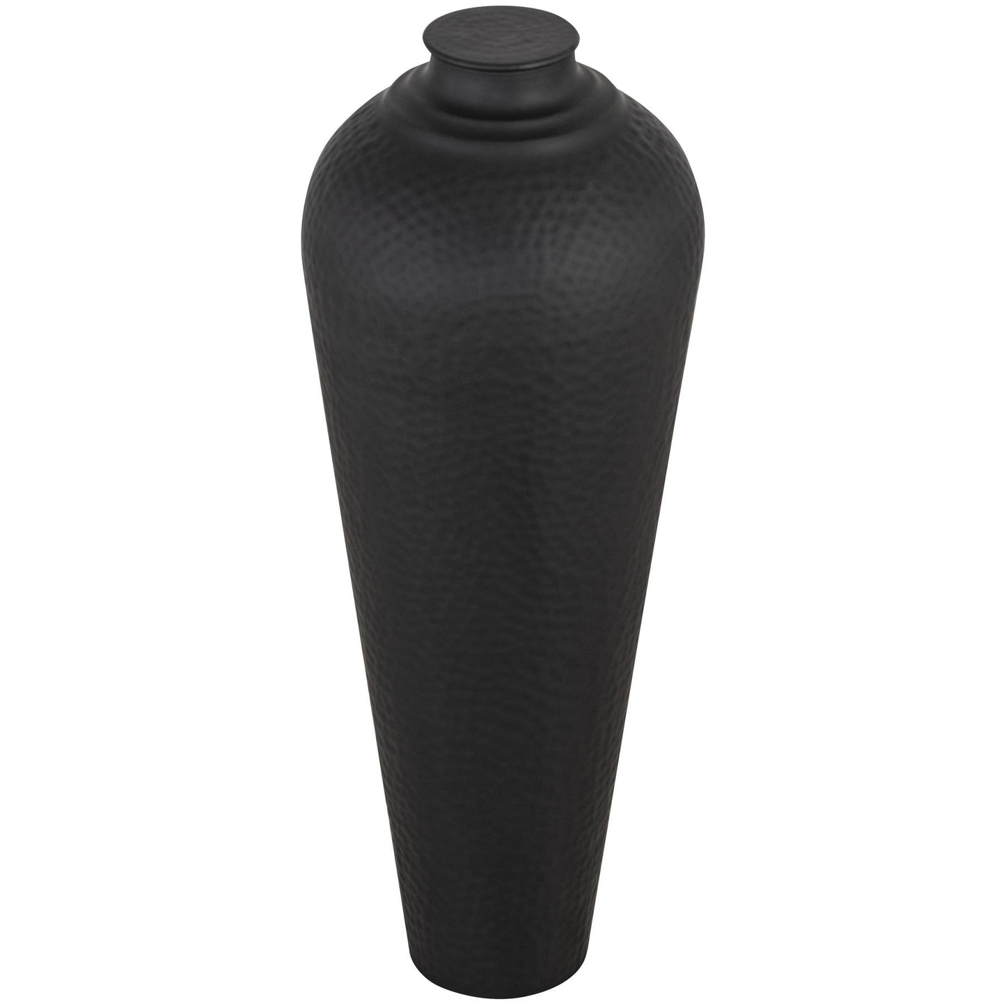 Matt black medium vase with a hammered texture and lid, featuring a modern silhouette suitable for floral or decorative display.