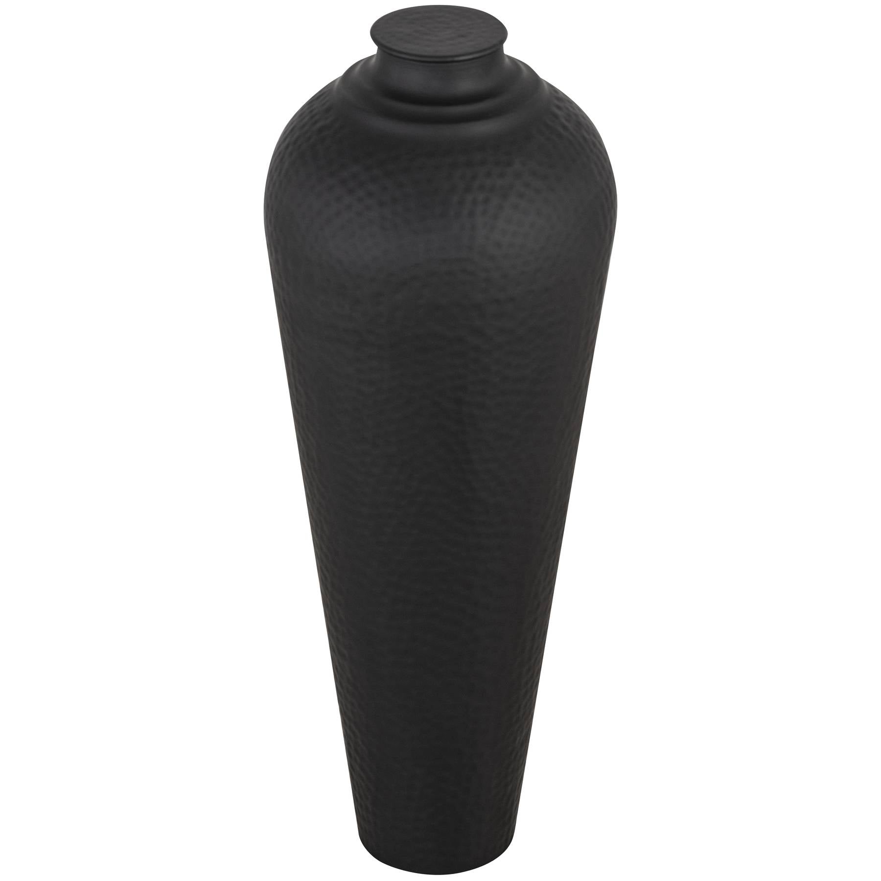 Matt black medium vase with a hammered texture and lid, featuring a modern silhouette suitable for floral or decorative display.