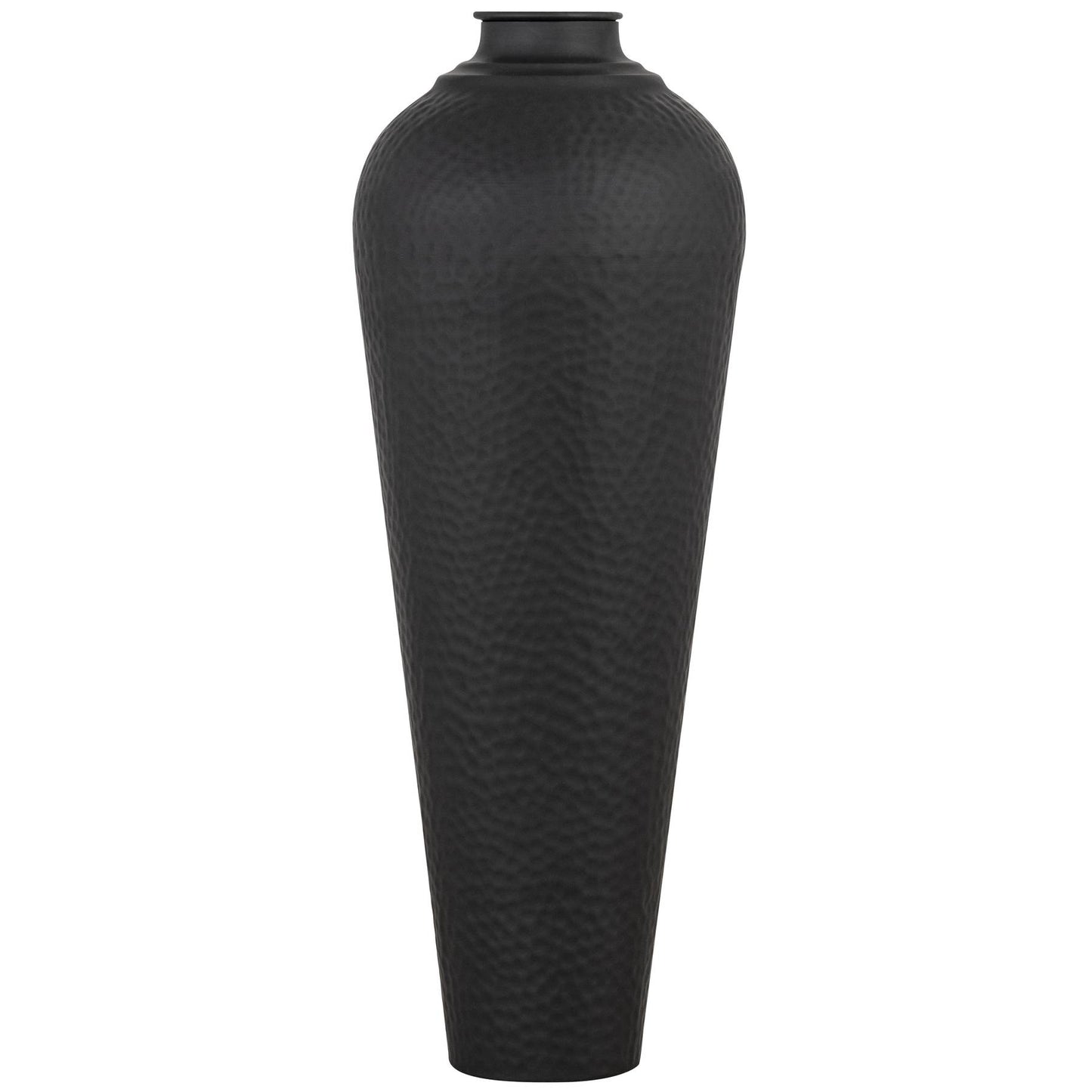 Matt black medium hammered vase with lid, featuring a unique textured finish and a modern tapered shape, ideal for decor.