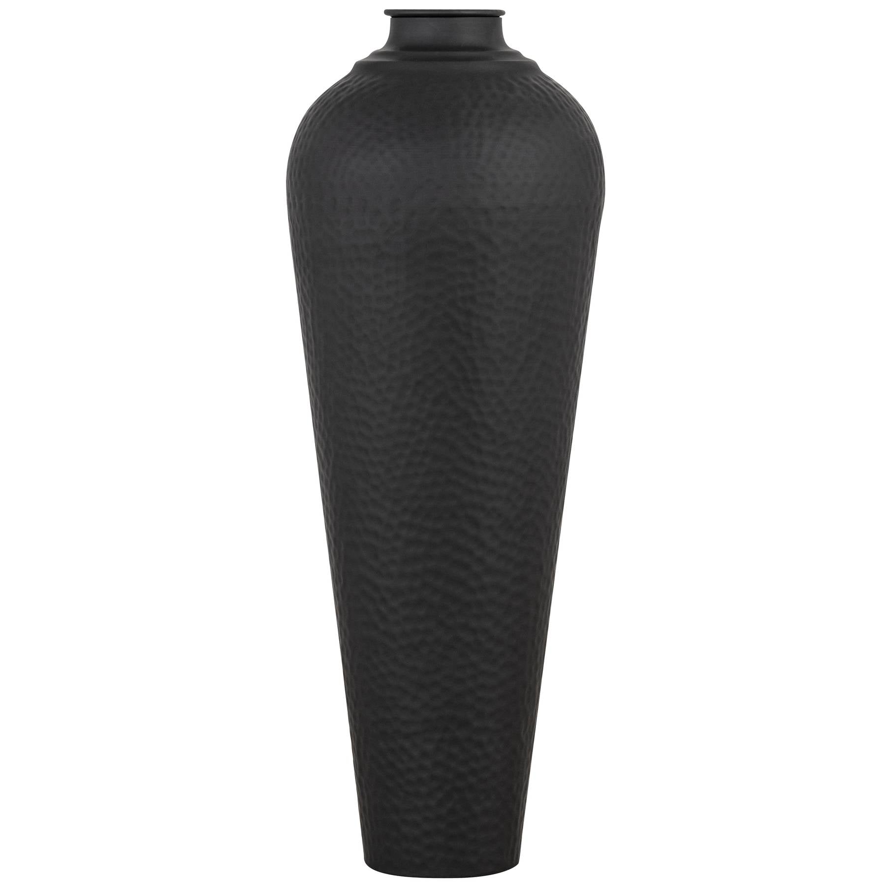 Matt black medium hammered vase with lid, featuring a unique textured finish and a modern tapered shape, ideal for decor.