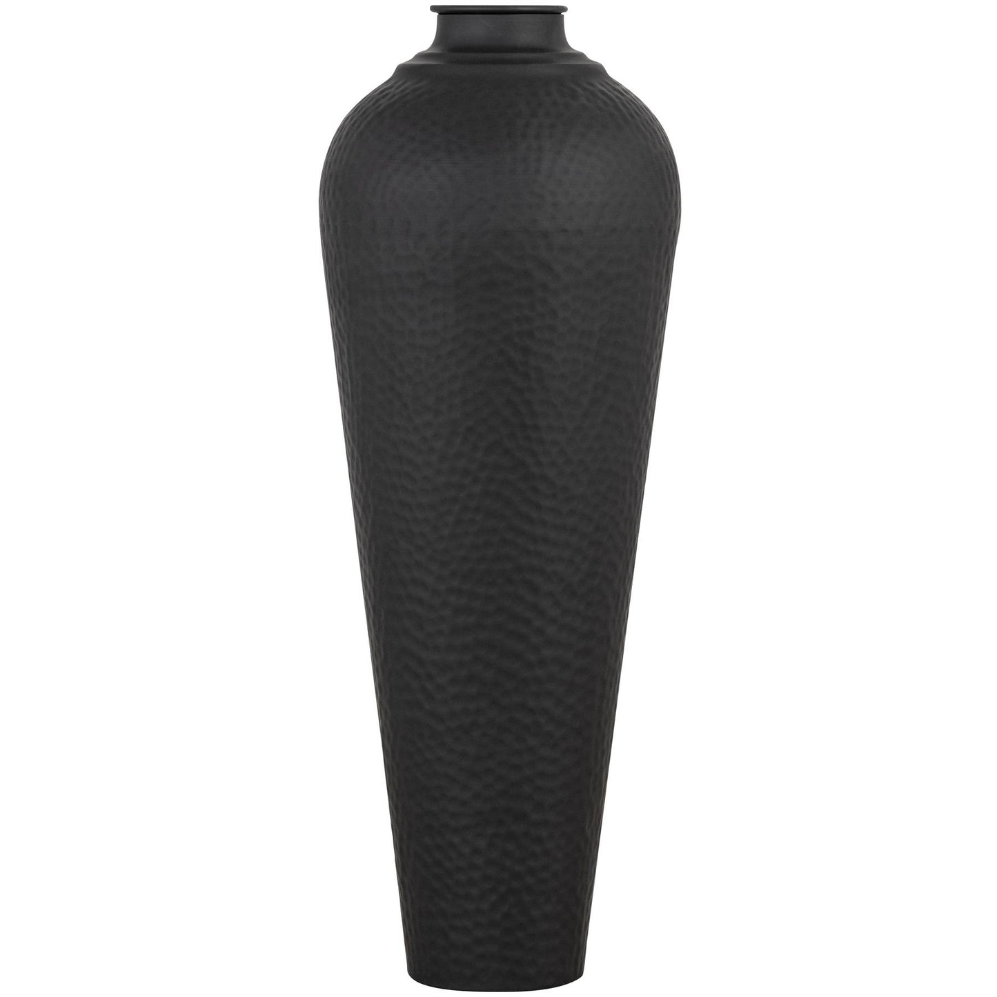 Matt black hammered steel vase with lid, showcasing a sleek, modern silhouette and textured finish, perfect for decor.