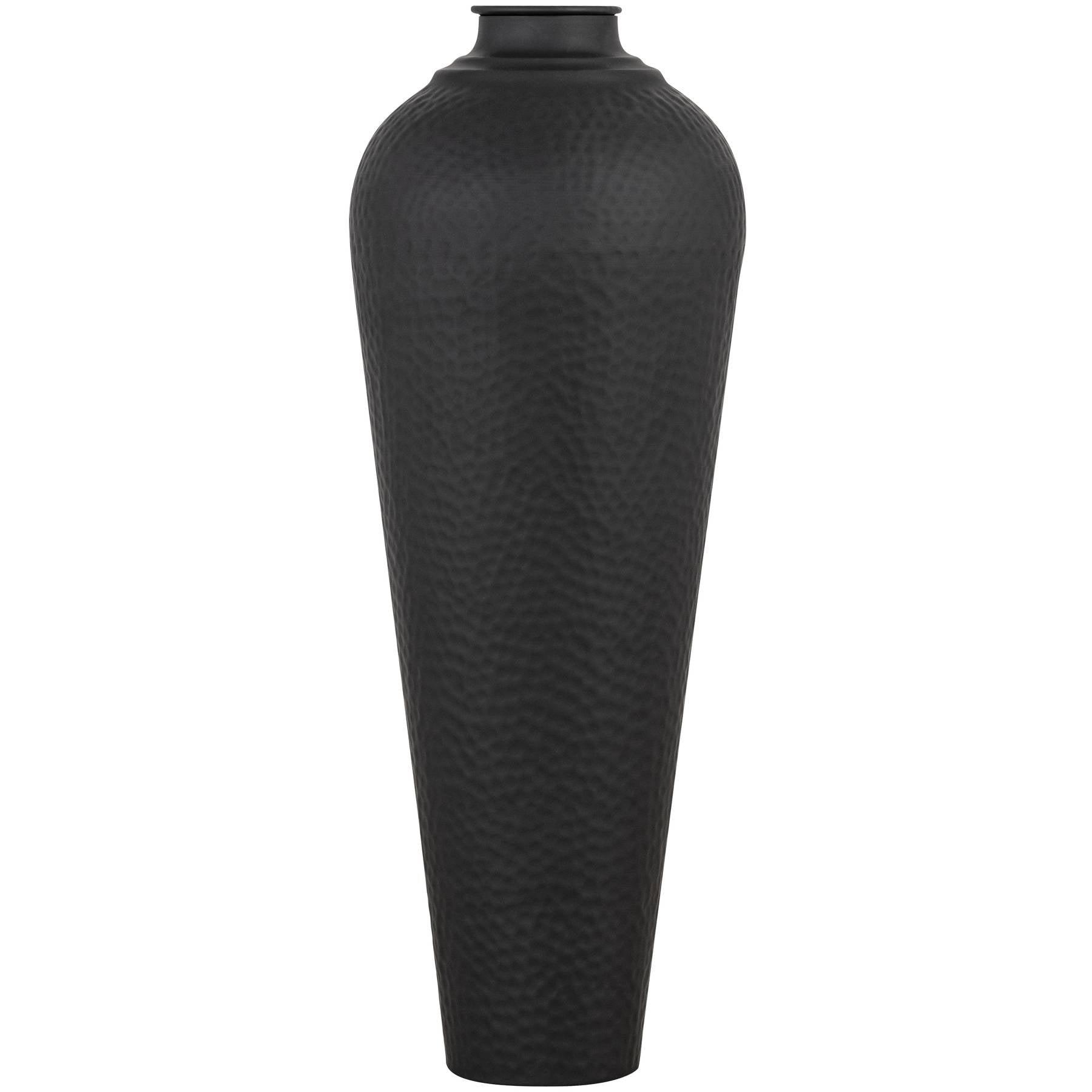 Matt black hammered steel vase with lid, showcasing a sleek, modern silhouette and textured finish, perfect for decor.