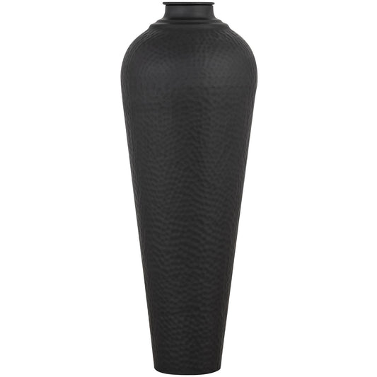 Matt black hammered steel vase with lid, showcasing a sleek, modern silhouette and textured finish, perfect for decor.