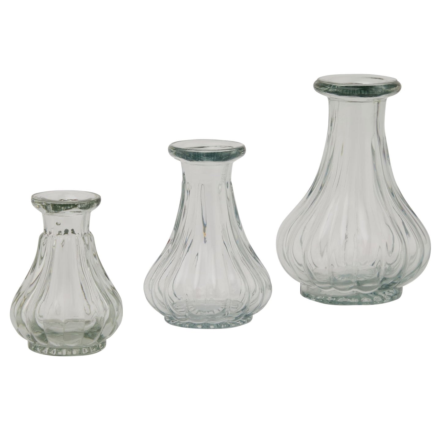 Clear glass bud vase featuring a sleek, minimalist design with gentle curves, perfect for single stems or small arrangements.