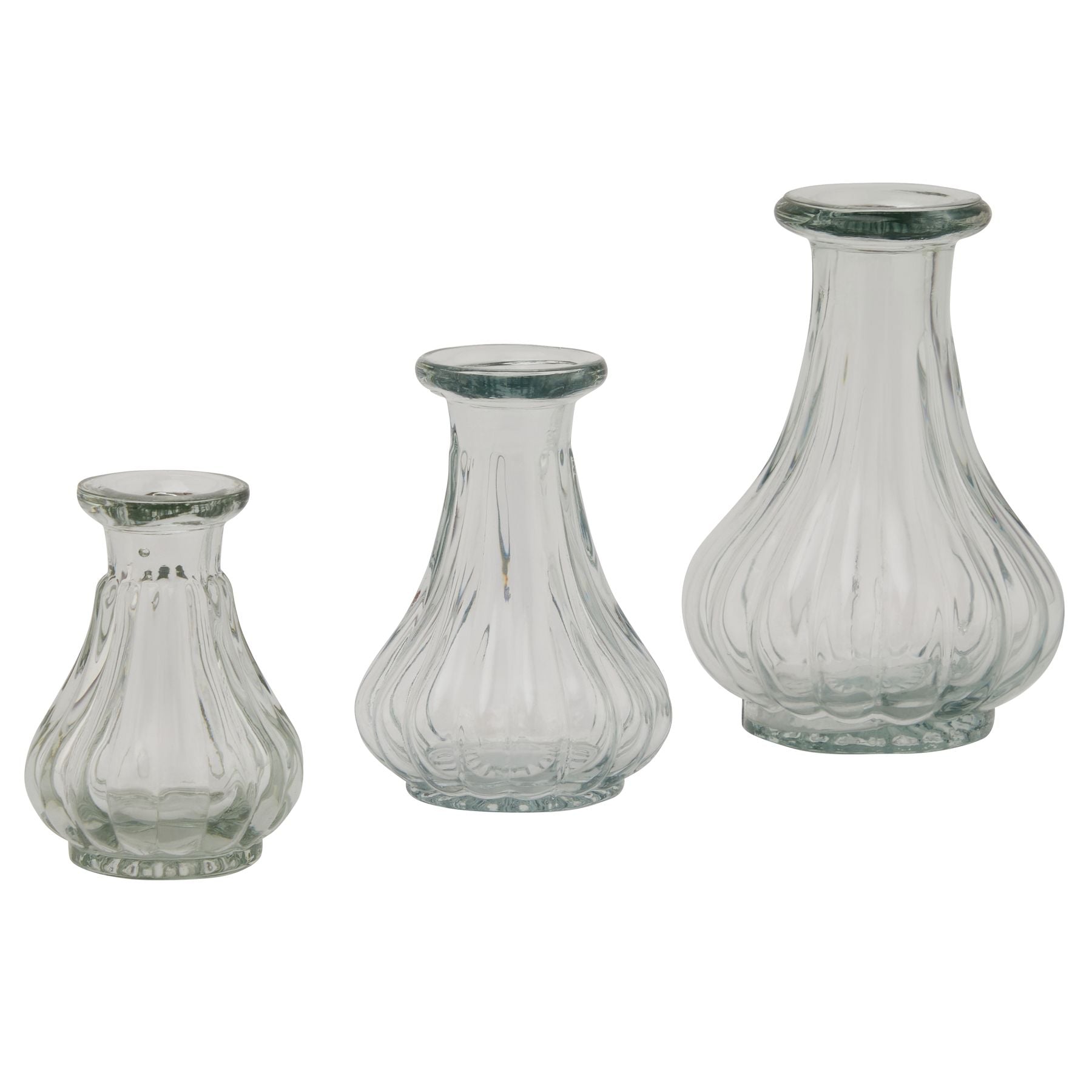Clear glass bud vase featuring a sleek, minimalist design with gentle curves, perfect for single stems or small arrangements.