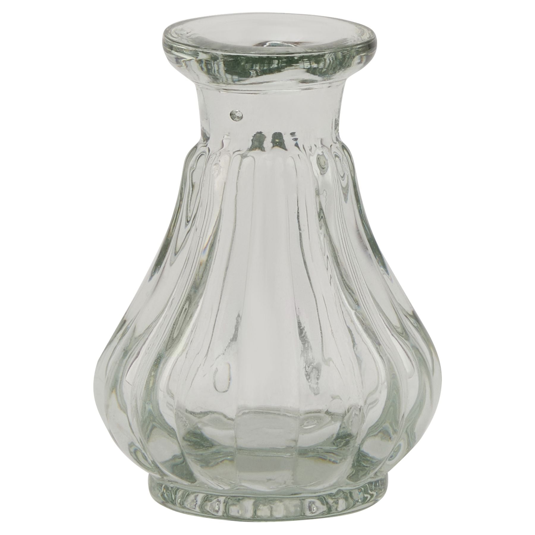 Clear glass bud vase with a minimalist cylindrical shape and elegant ribbed design, perfect for small floral arrangements.