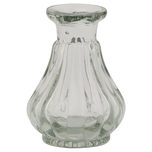 Clear glass bud vase with a minimalist cylindrical shape and elegant ribbed design, perfect for small floral arrangements.