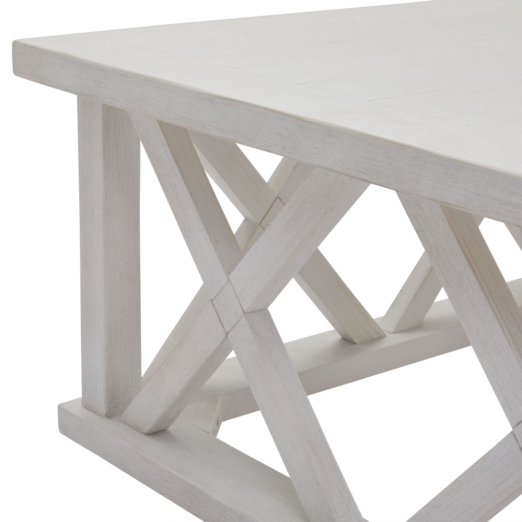 Square coffee table in white weathered pine, featuring a distinctive lattice design for modern rustic charm.