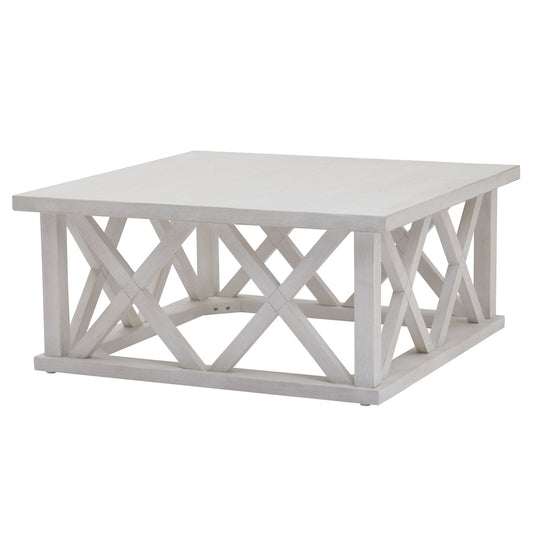 Square coffee table in white, featuring a unique lattice design and weathered pine construction for a rustic yet modern look.