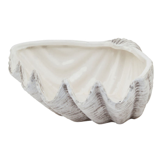 Medium ceramic shell bowl in matte white, featuring elegant curves and textured details, perfect for coastal-themed decor.