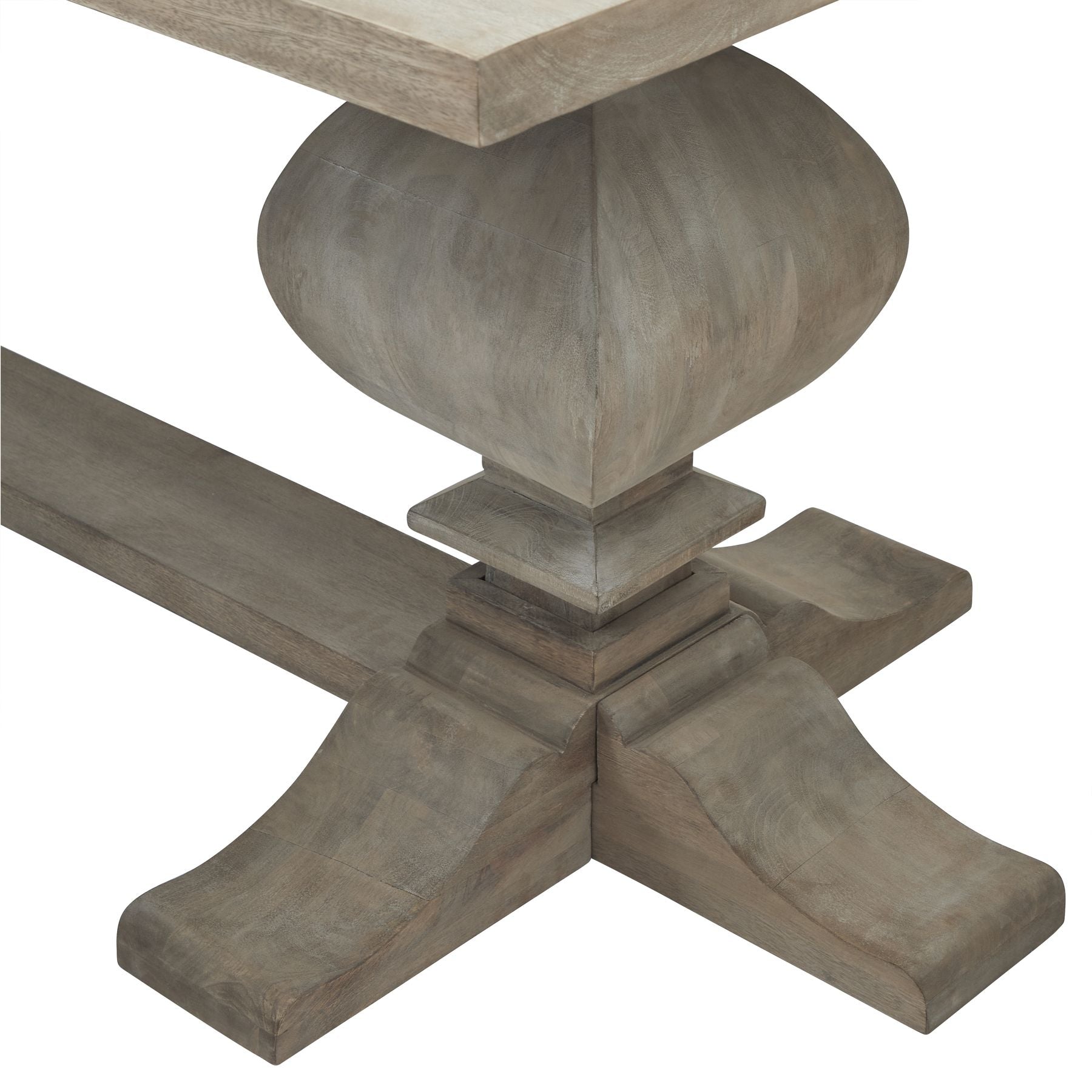 Large dining table featuring a washed, bleached hardwood finish with elegant black iron accents, showcasing artisanal French-inspired design.
