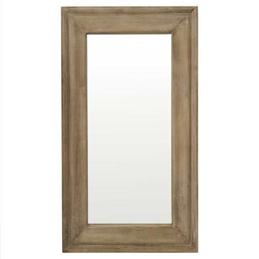 Rectangular wall mirror with a bleached hardwood frame, featuring a sophisticated patina finish, ideal for versatile display.