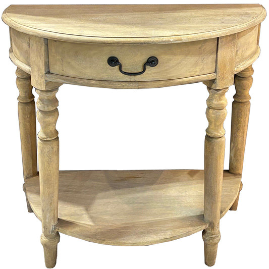 Elegant half-moon console table in light wood, featuring curved edges, turned legs, and a single drawer for storage.
