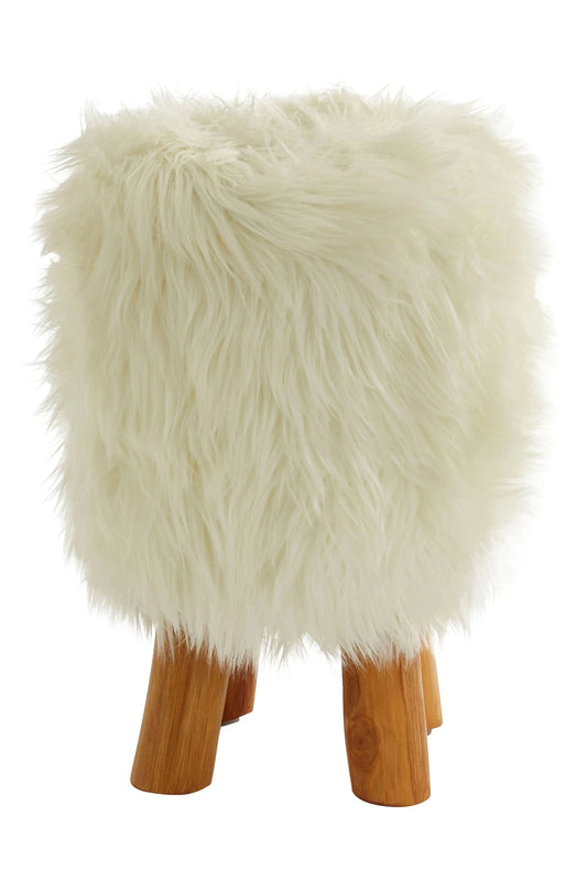 Andes White Faux Fur Round Footstool