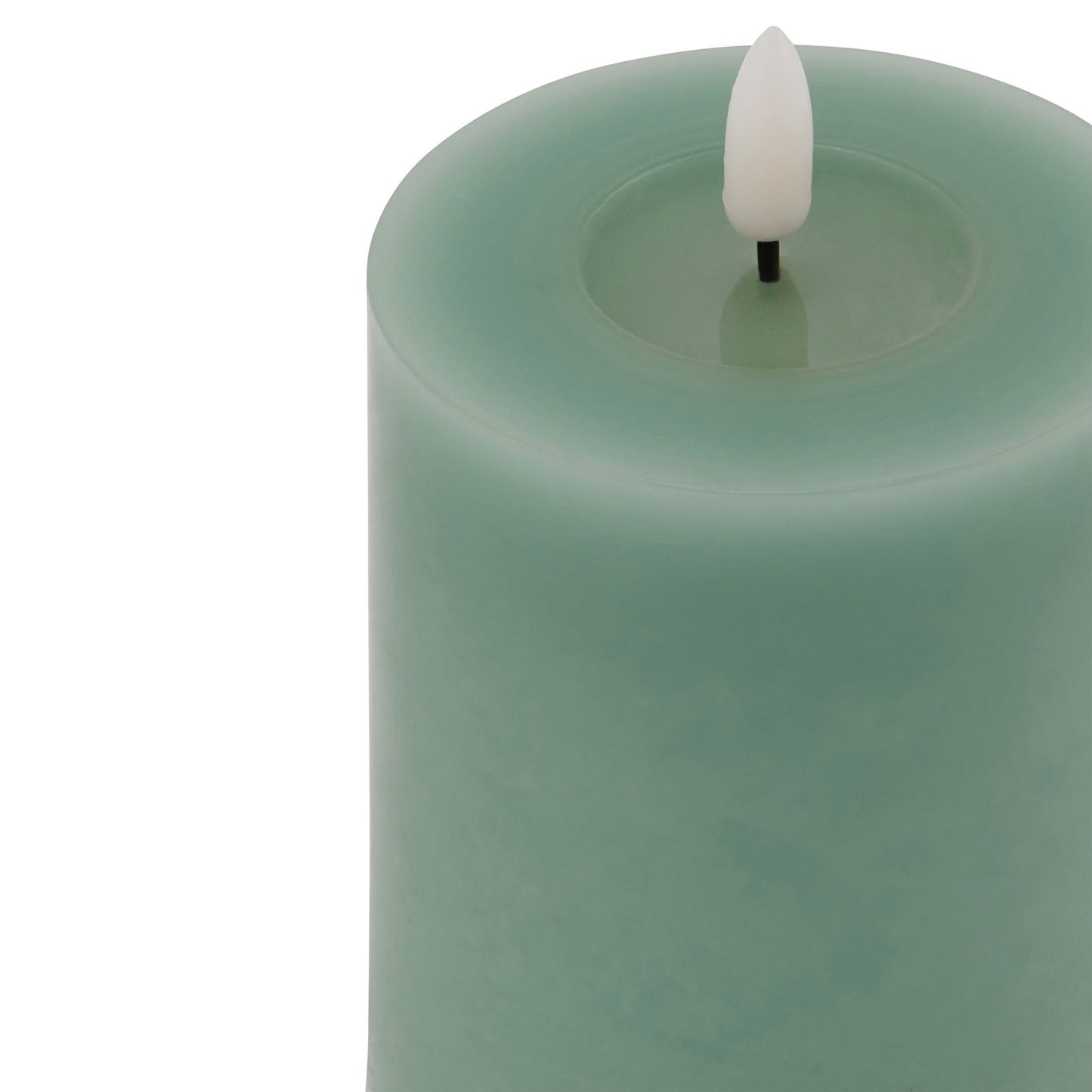 Sage-colored LED wax candle with a realistic melt effect, featuring a small white wick, adding elegance and ambiance to any space.