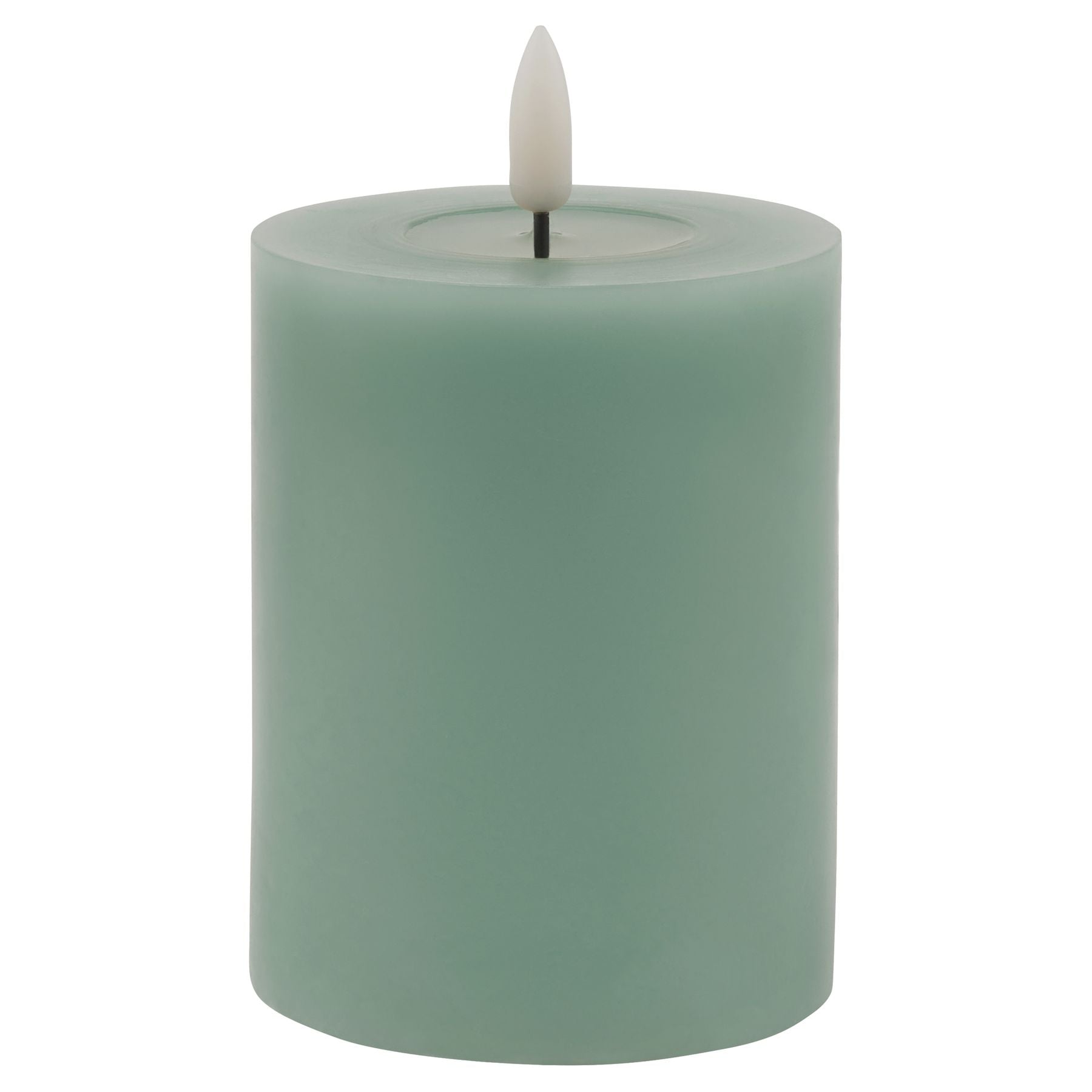 Sage-colored LED wax candle with a realistic melt effect, featuring a soft flame tip for a serene, elegant ambiance.