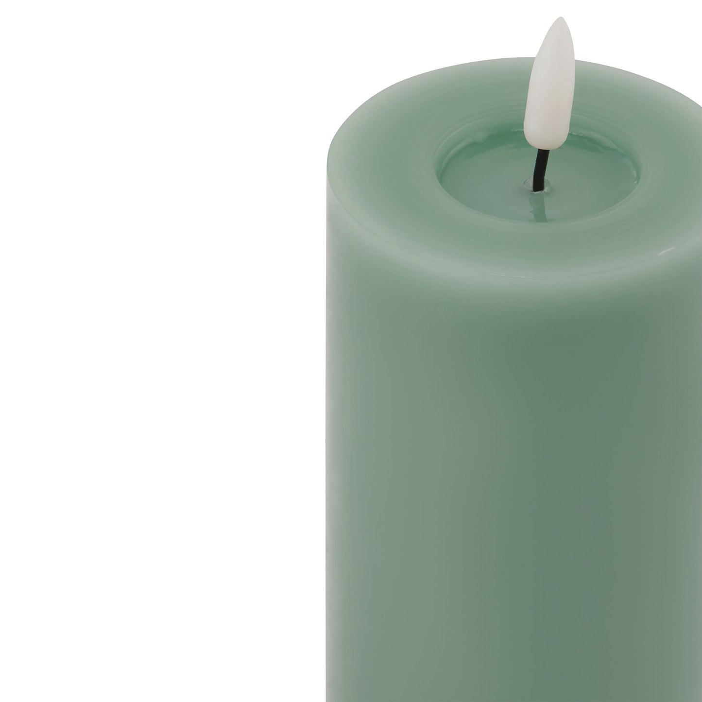 Sage-colored LED wax candle features a realistic melt-effect design and a flickering flame, enhancing any elegant decor.