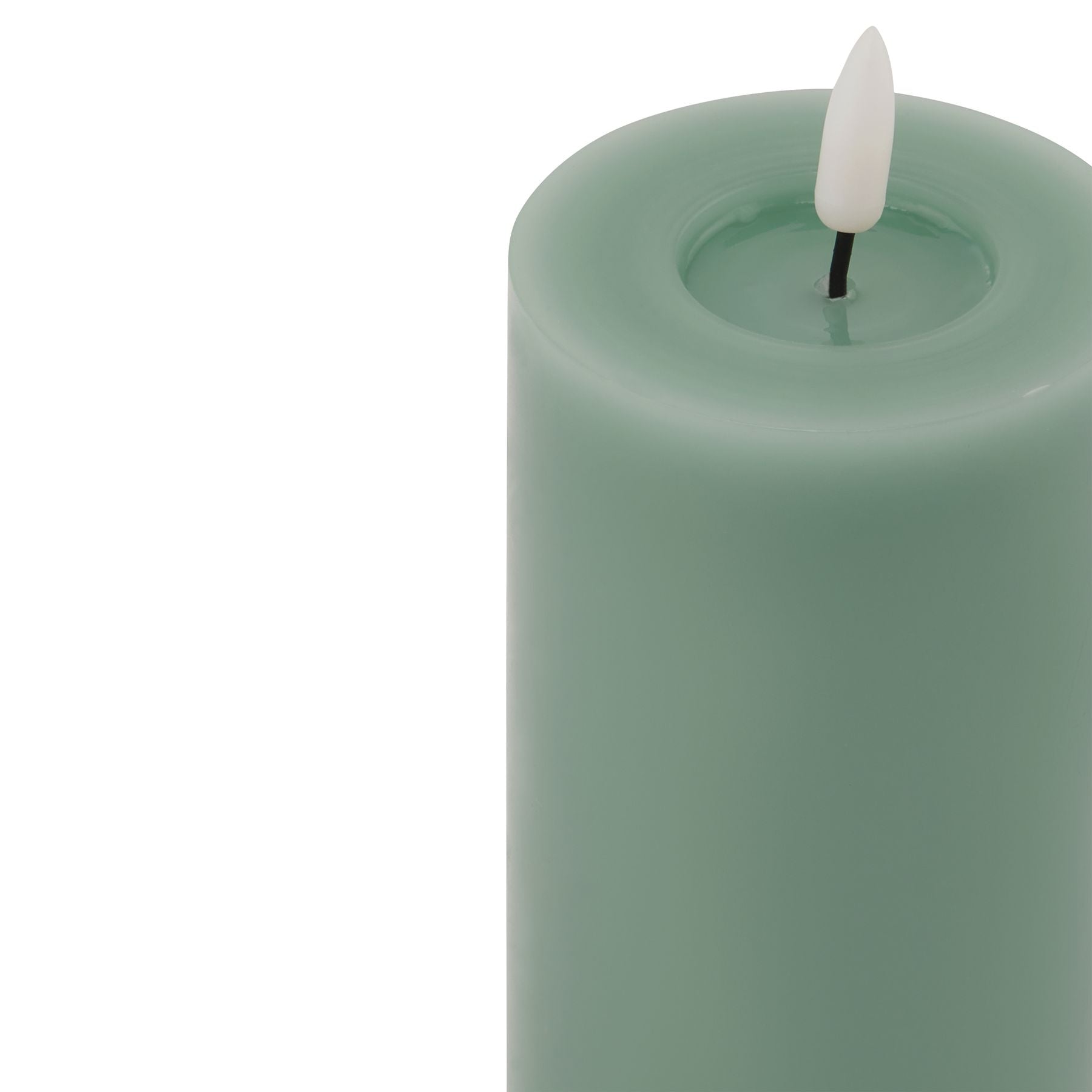 Sage-colored LED wax candle features a realistic melt-effect design and a flickering flame, enhancing any elegant decor.