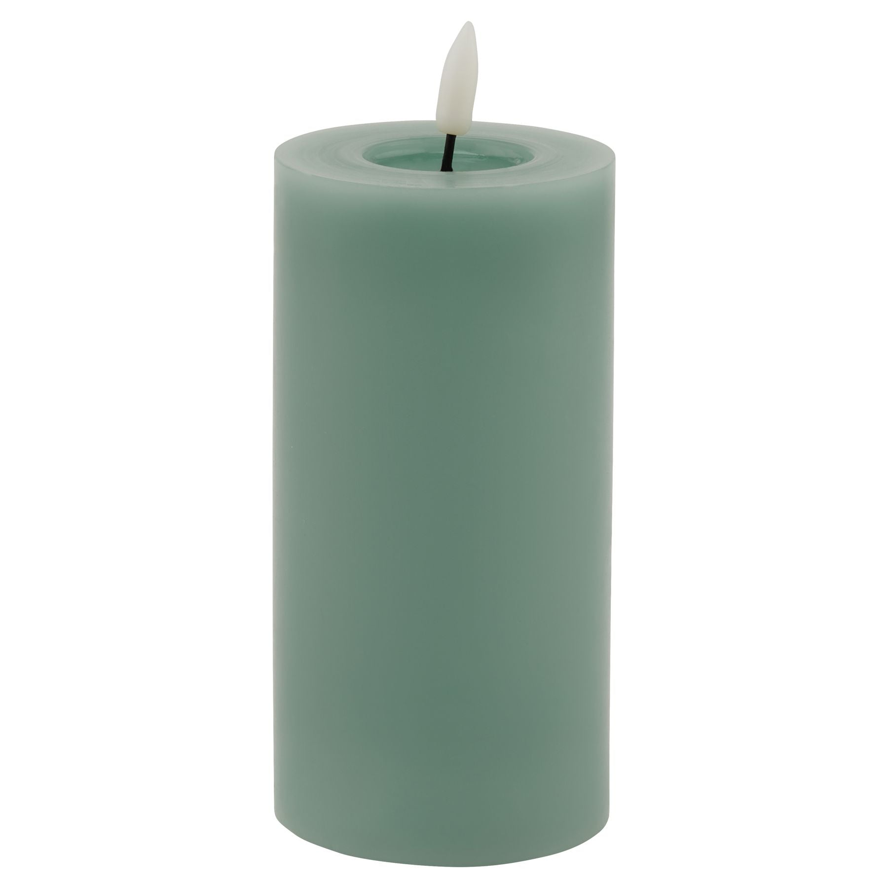 Sage green LED wax candle with realistic melt-effect design, featuring a flickering flame for a warm, calming ambiance.