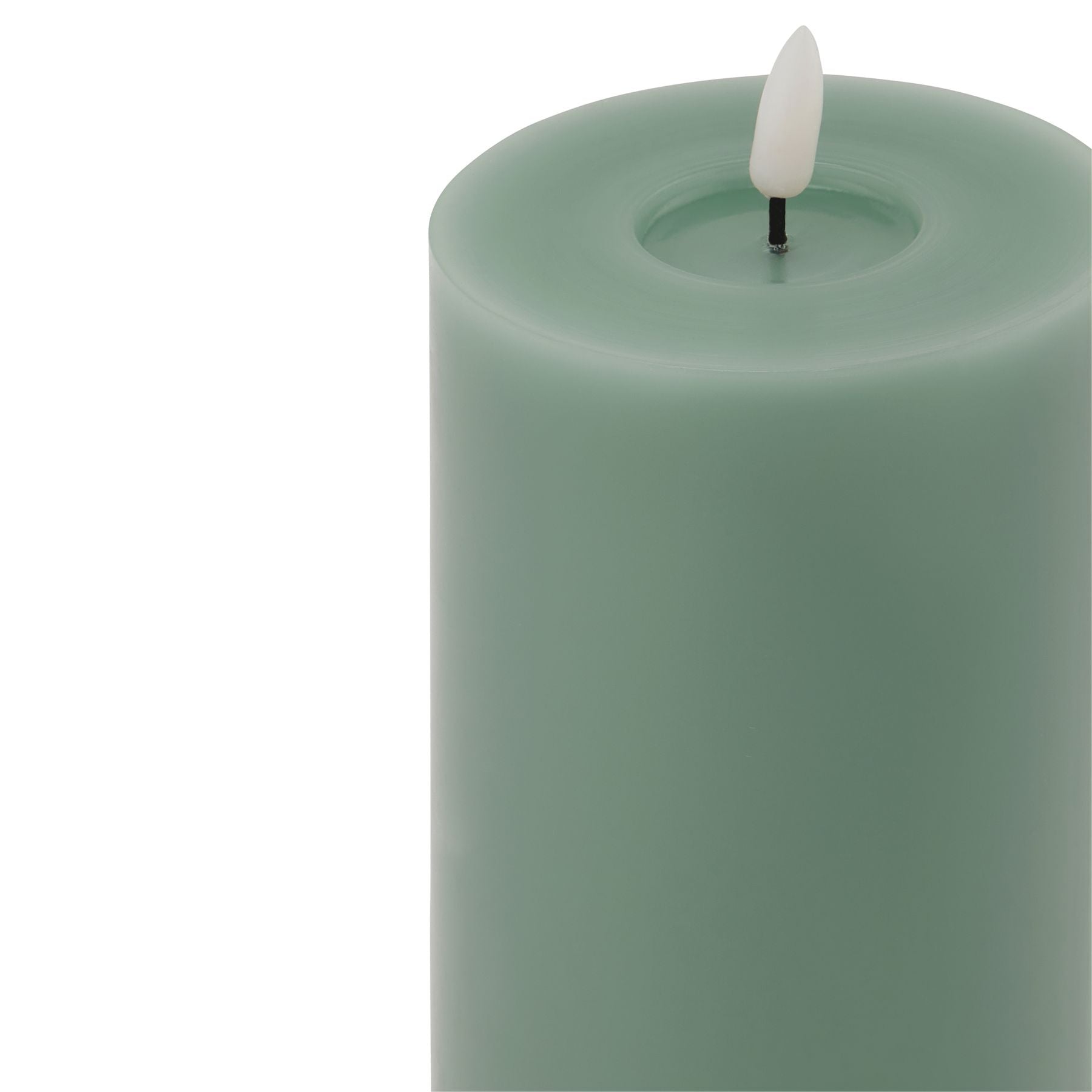 Sage green LED wax candle with a realistic dripping design, featuring a flicker-free light for elegant and safe illumination.