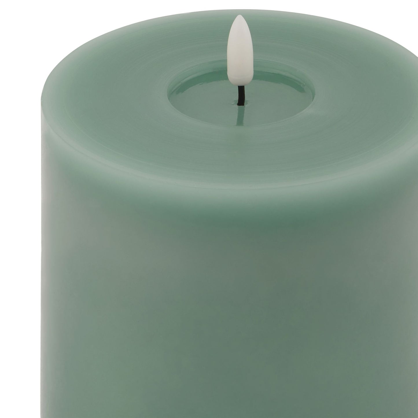Sage green LED wax candle with a realistic dripping effect and a white faux wick, exuding elegant ambiance for any decor.