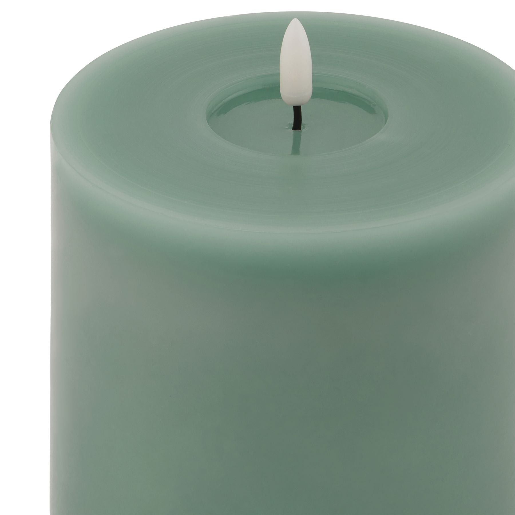Sage green LED wax candle with a realistic dripping effect and a white faux wick, exuding elegant ambiance for any decor.