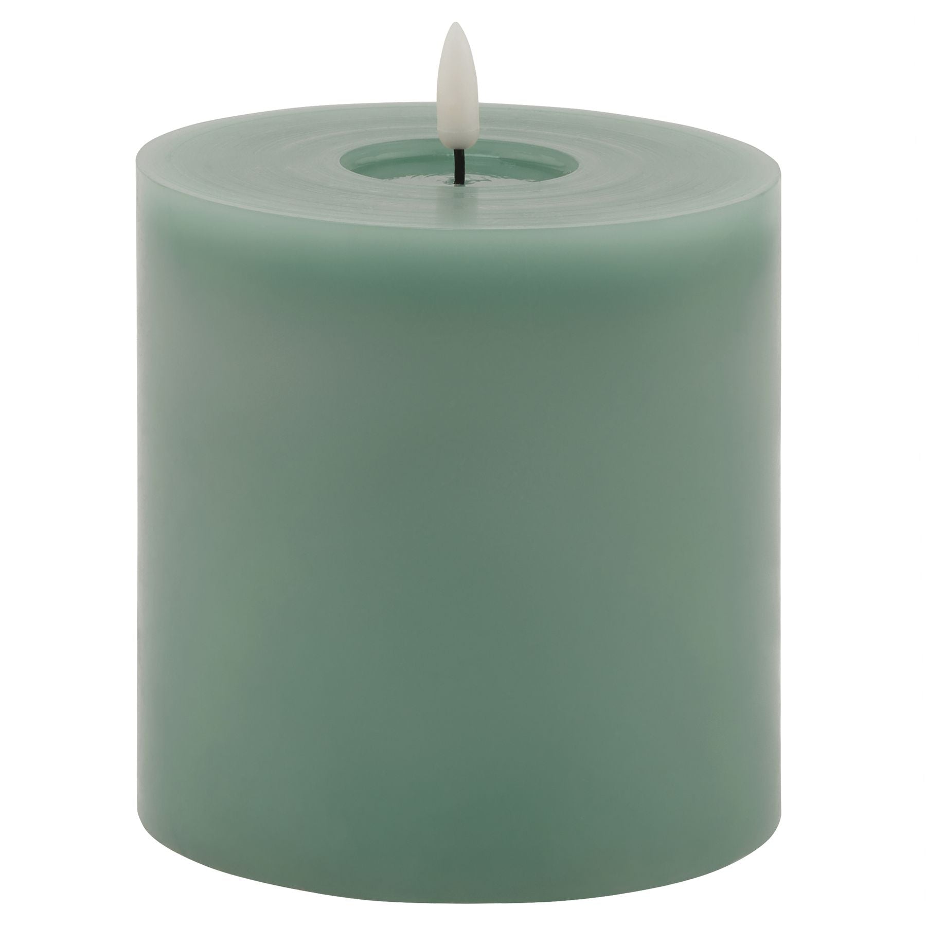 Sage green LED wax candle featuring a realistic melt effect and a flame-like tip for a safe, elegant glow.