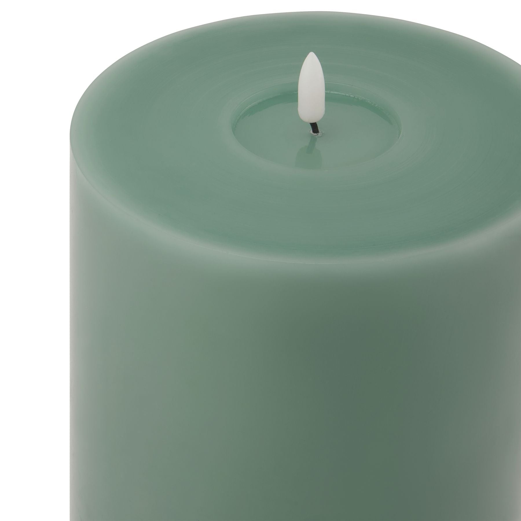 Sage green LED wax candle with a realistic melt effect, featuring a small white flame tip for a cozy, safe ambiance.