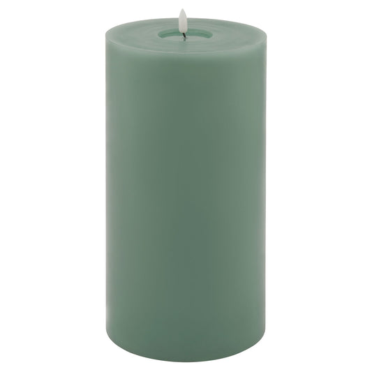 Sage-colored LED wax candle with a smooth surface and realistic organic drip design, ideal for creating a warm ambiance.