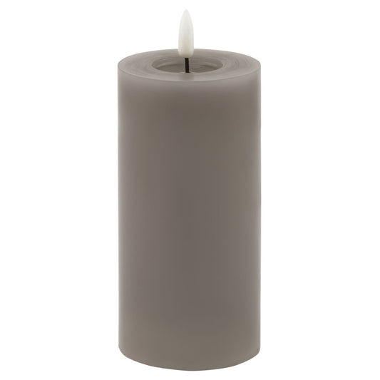 Contemporary grey LED wax candle with a realistic melting effect, offering a safe, ambient glow for elegant decor.