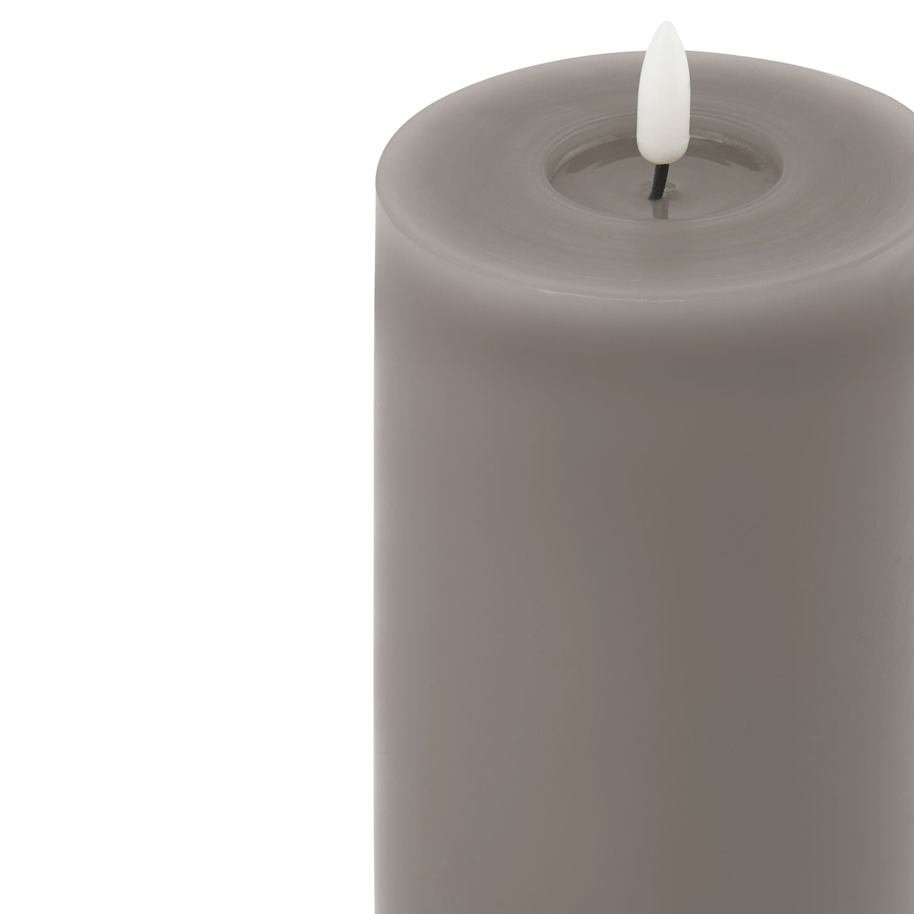 Grey LED wax candle with a realistic melt-effect design and flickering flame, offering modern elegance and ambiance.