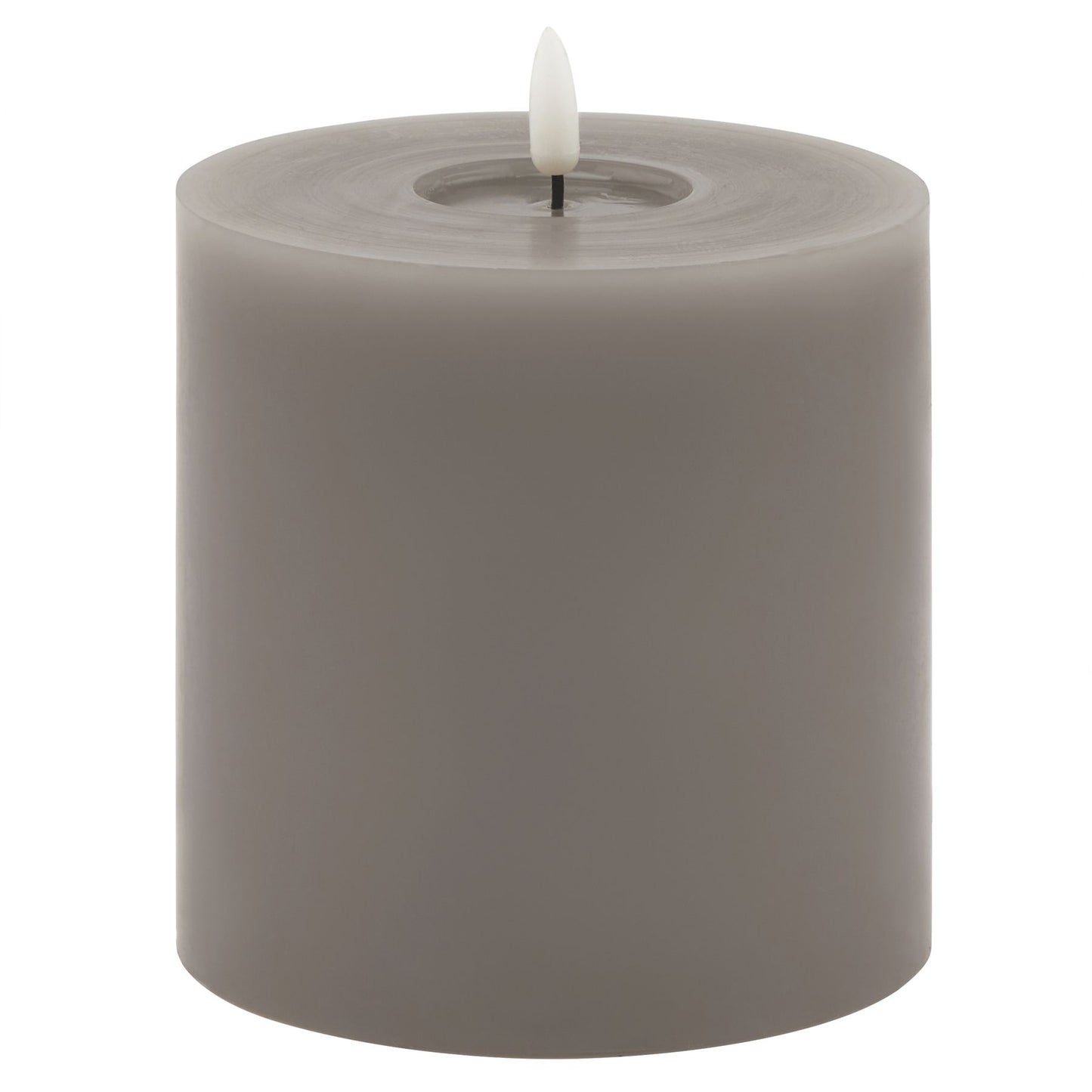 Grey LED wax candle featuring a realistic melt effect and a warm flicker-free glow, adding elegance to any decor.