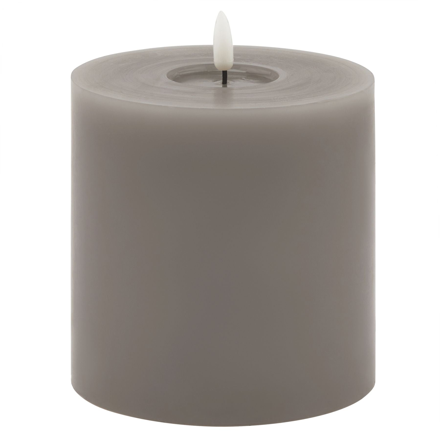 Grey LED wax candle featuring a realistic melt effect and a warm flicker-free glow, adding elegance to any decor.