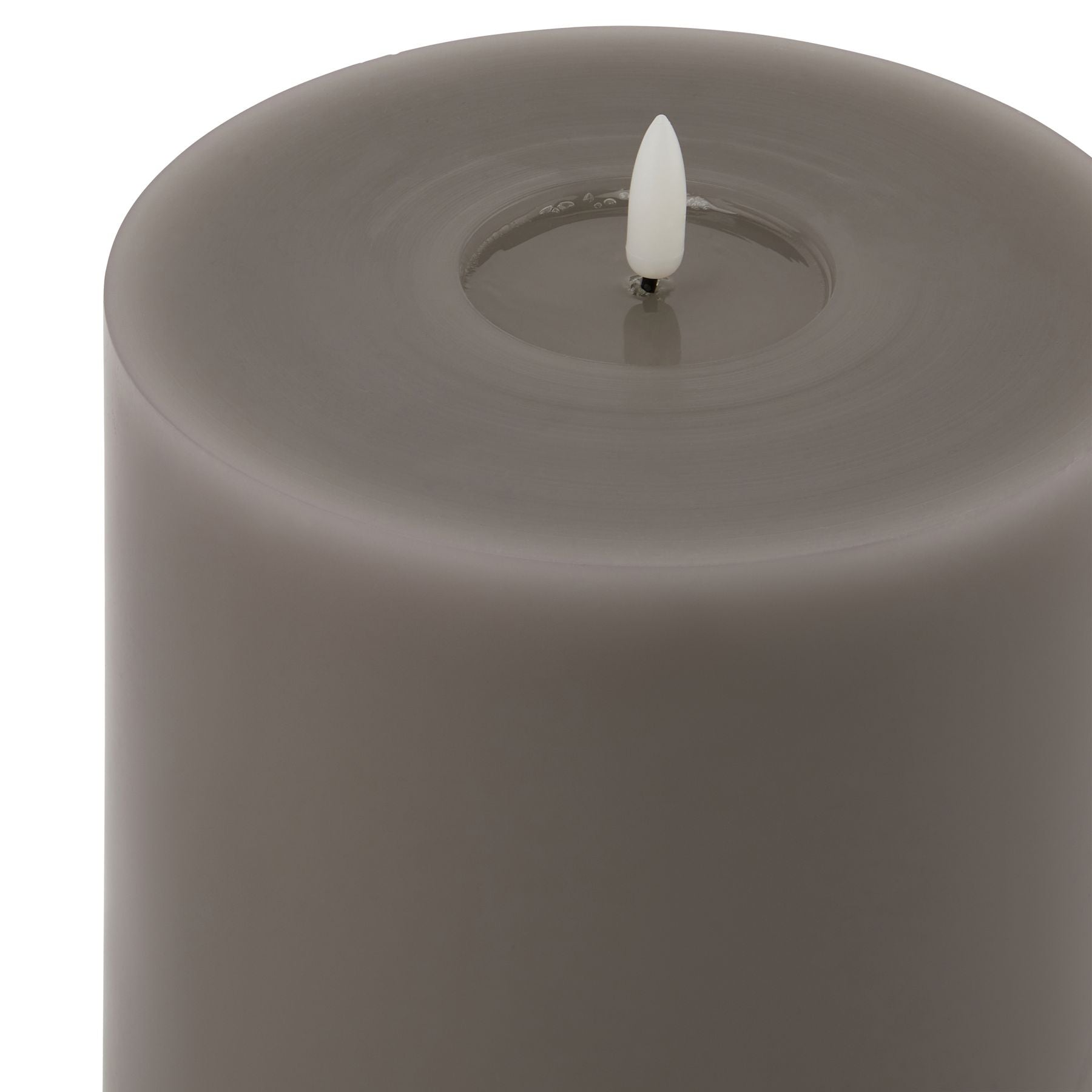 Grey LED wax candle with a sculpted surface, featuring a realistic flickering flame, perfect for enhancing home ambiance.