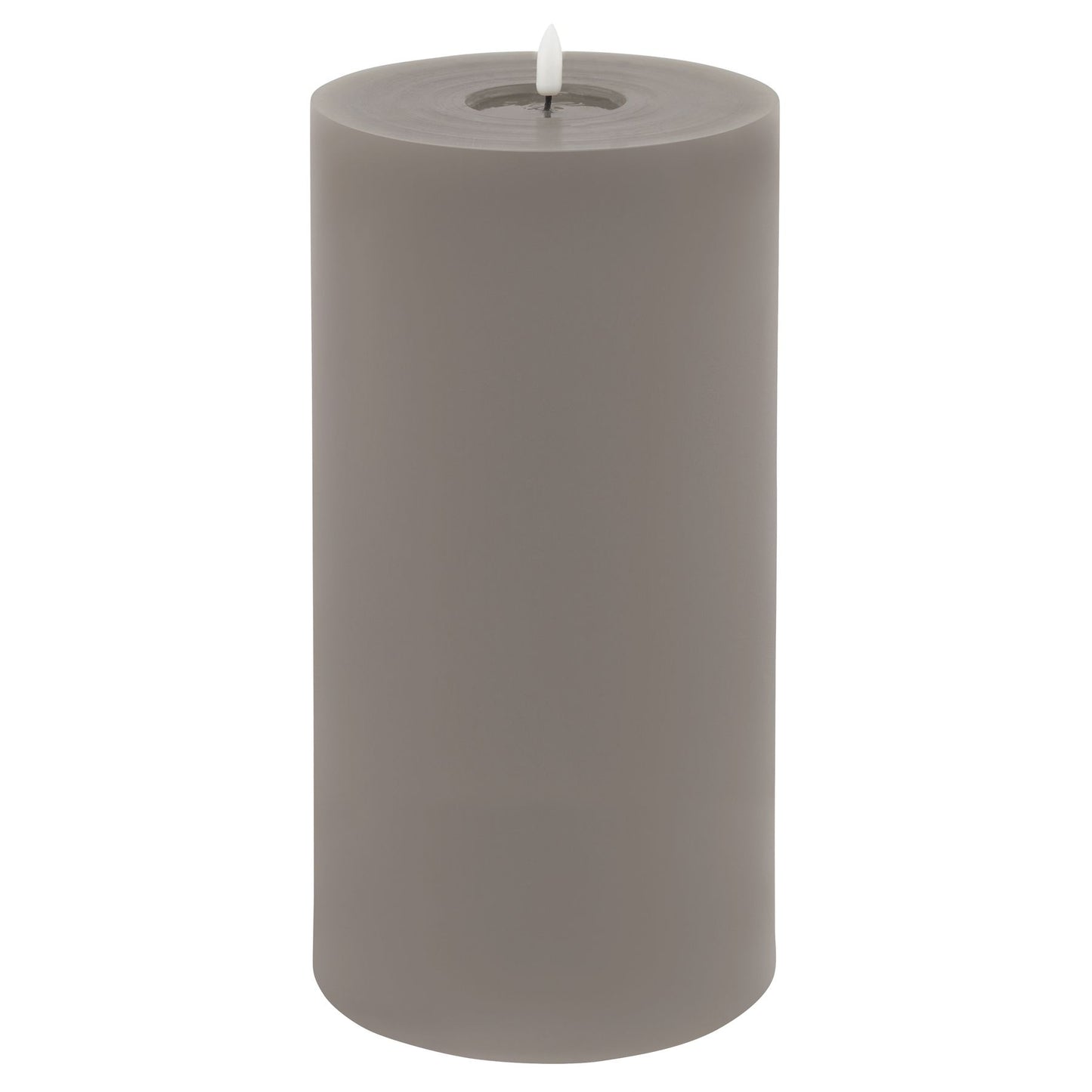 Grey LED wax candle with a realistic dripping effect, featuring a white flame for a warm, inviting ambiance.