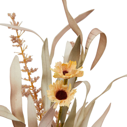 Large autumn spray featuring delicate yellow blooms with dark centers and soft beige-green foliage, perfect for elegant decor.
