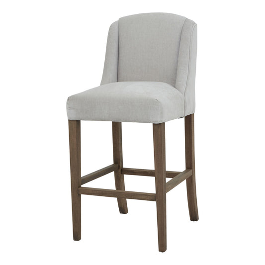 Light grey upholstered bar stool with a sleek curved back and durable rubberwood frame, perfect for modern or traditional spaces.