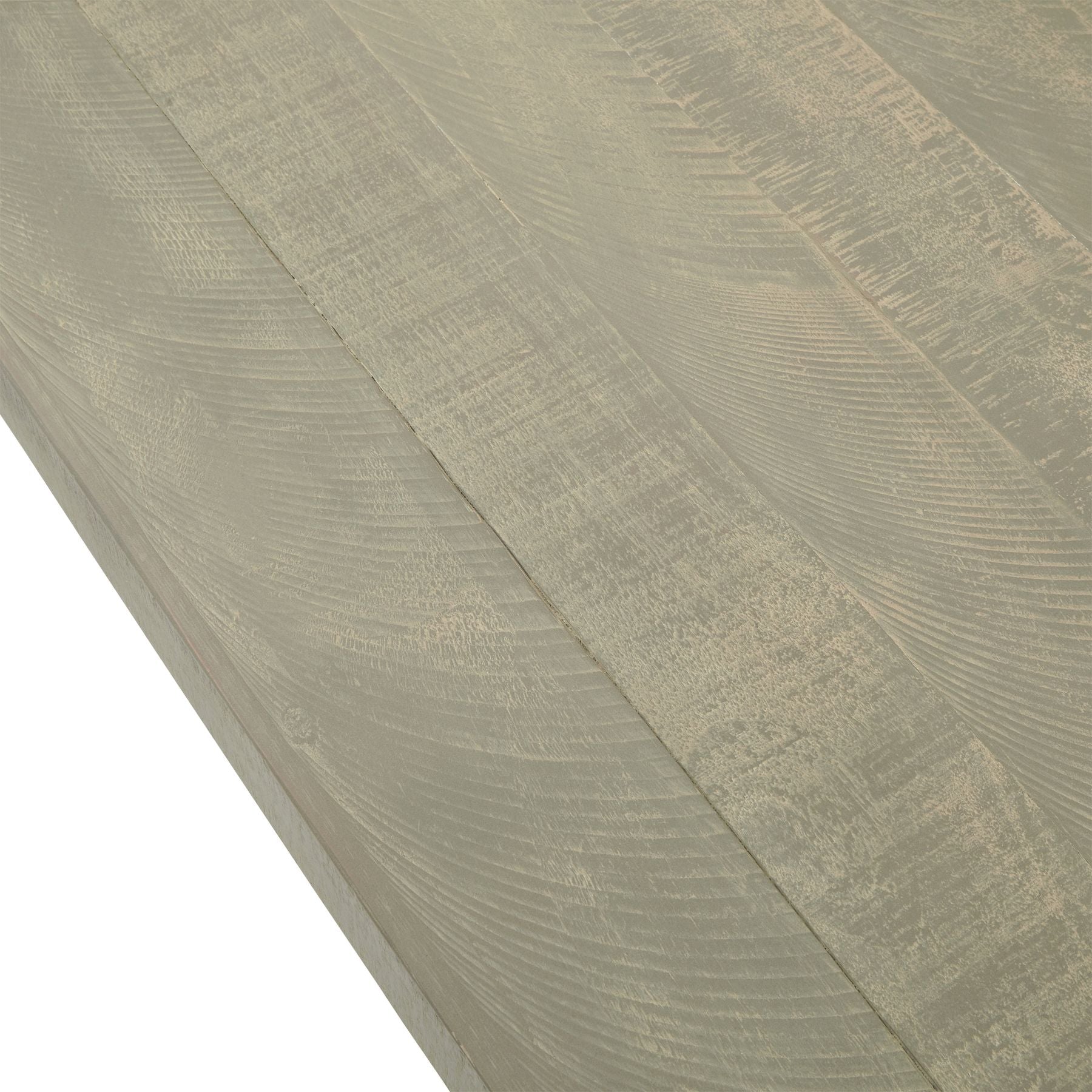 Rectangular dining table with a weathered, light wood finish, featuring soft, curved edges for a modern, elegant look.