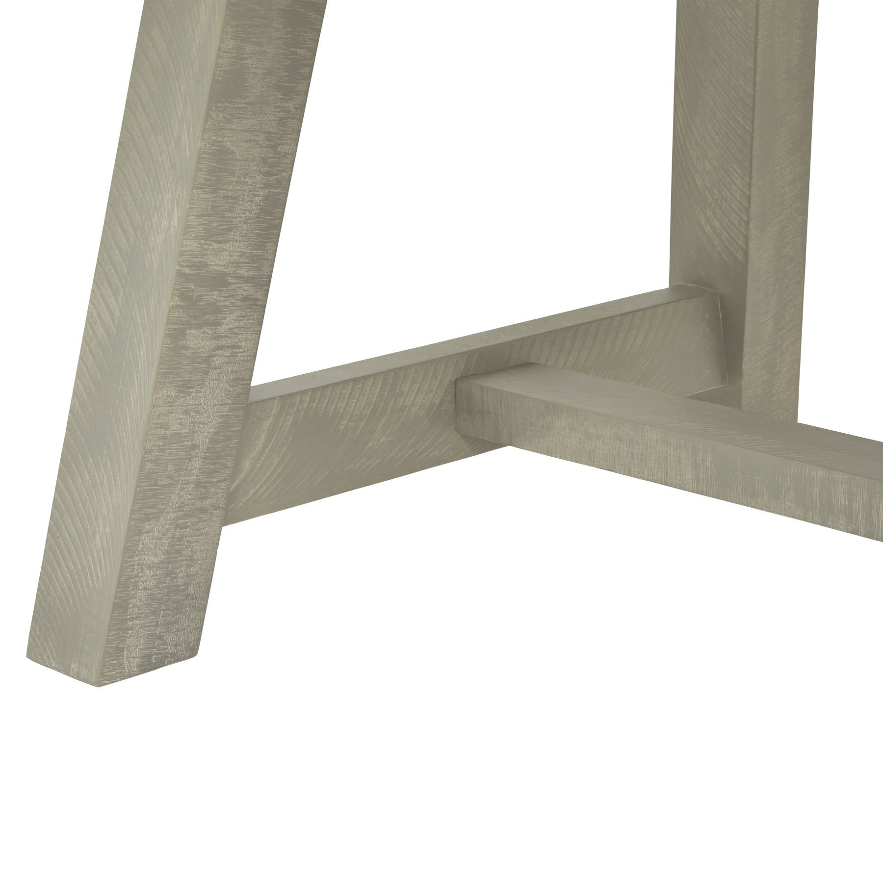 Weathered, light gray dining table base with contemporary curved elements and sleek lines, enhancing modern home aesthetics.
