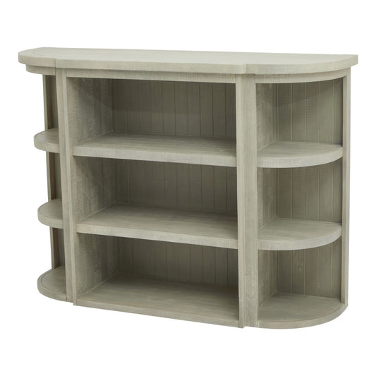 Elegant 3-shelf dresser top in a weathered gray finish, featuring curved edges and versatile design for refined storage.