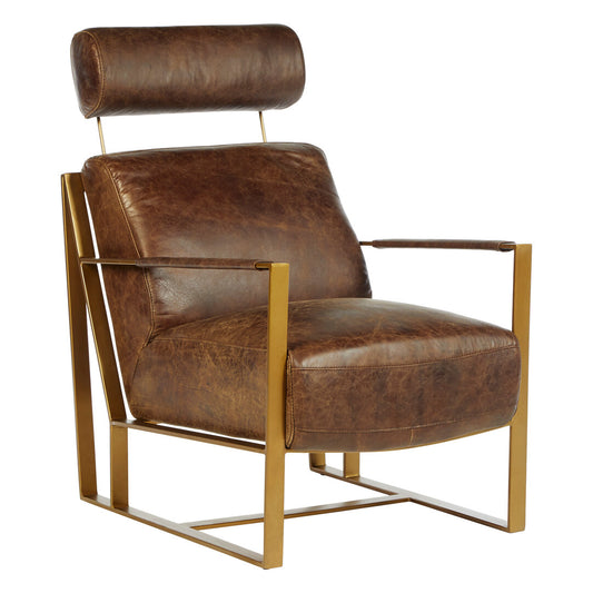 Loft Brown Leather Lounge Chair with Rose Gold Iron Frame